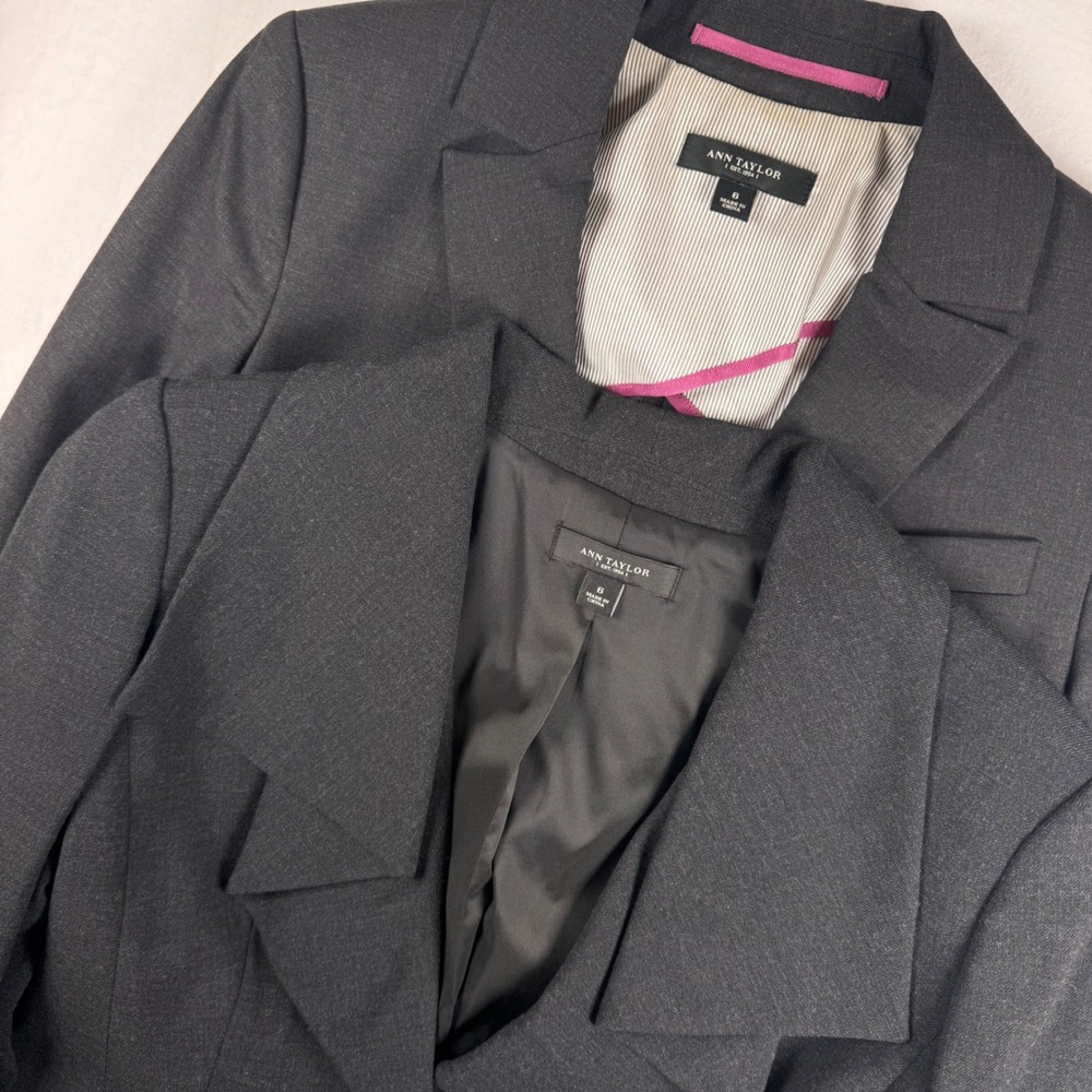 2-Ann Taylor Blazer Set Women 8 Charcoal Gray Wool Blend Professional Jackets